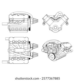 Engine Illustration Set. Car, Motorcycle, Electric Motor, and Rocket Engine for Science and Engineering Projects