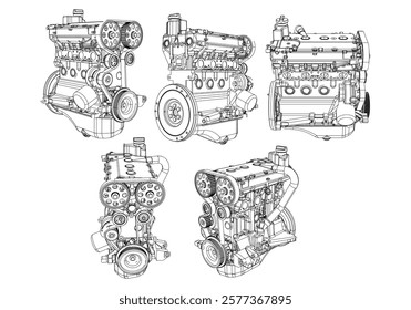 Engine Illustration Set. Car, Motorcycle, Electric Motor, and Rocket Engine for Science and Engineering Projects