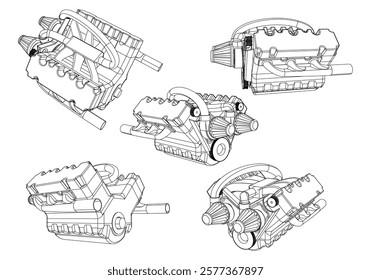 Engine Illustration Set. Car, Motorcycle, Electric Motor, and Rocket Engine for Science and Engineering Projects