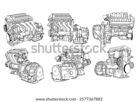 Engine Illustration Set. Car, Motorcycle, Electric Motor, and Rocket Engine for Science and Engineering Projects