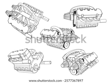 Engine Illustration Set. Car, Motorcycle, Electric Motor, and Rocket Engine for Science and Engineering Projects