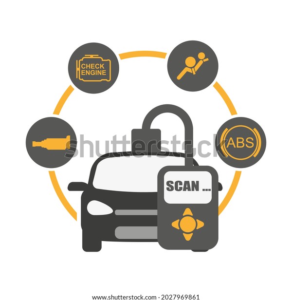 Сheck engine light, ABS, airbag,\
transmission, OBDII scanner tool being used on an open engine bay\
of vehicle for repairs. Vector\
illustration.