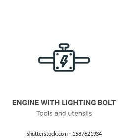 Engine with lighting bolt outline vector icon. Thin line black engine with lighting bolt icon, flat vector simple element illustration from editable tools and utensils concept isolated on white 