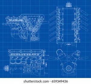 Engine line drawing background on blue graph paper. Vector line illustration.