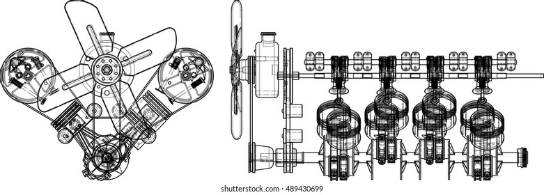 Engine line drawing background. Vector illustration.