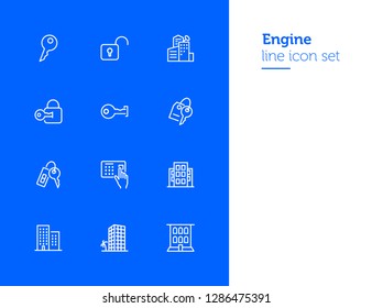 Engine line icon set. Set of line icons on white background. Equipment concept. Gear, drill, engineer, worker. Vector illustration can be used for topics like construction, repair, engineering