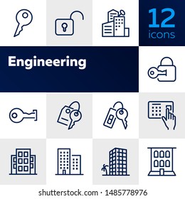 Engine line icon set. Set of line icons on white background. Equipment concept. Gear, drill, engineer, worker. Vector illustration can be used for topics like construction, repair, engineering