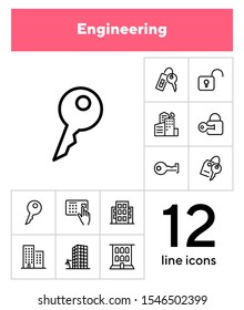 Engine line icon set. Set of line icons on white background. Equipment concept. Gear, drill, engineer, worker. Vector illustration can be used for topics like construction, repair, engineering