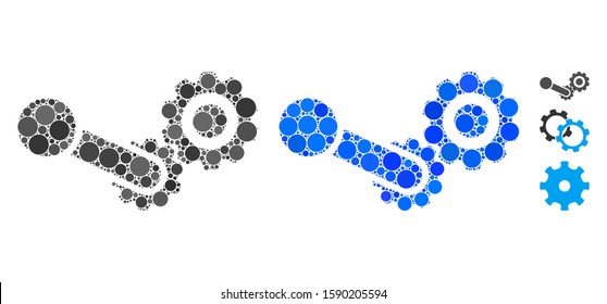 Engine mosaic of circle elements in different sizes and shades, based on engine icon. Vector circle elements are united into blue composition. Dotted engine icon in usual and blue versions.