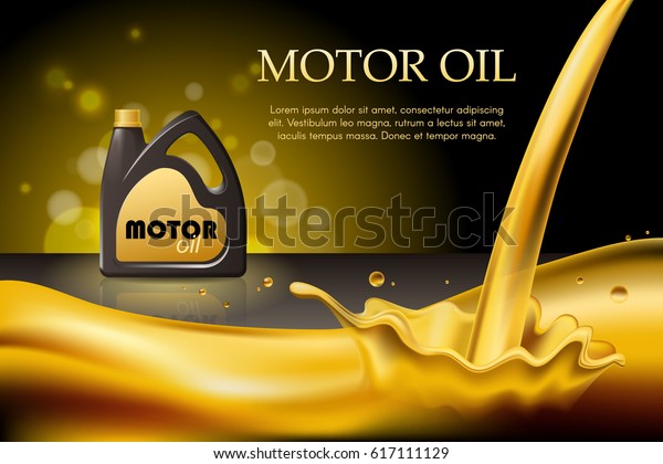Engine or motor oil on the light golden\
bokeh background with containers, 3d\
illustration