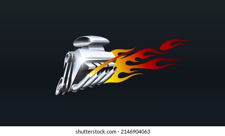 Engine motor with tribal flames traditional Hot Rod custom culture illustration. 