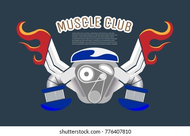 Engine of muscle retro car logo isolated on blue background. Vector illustration design. EPS10  