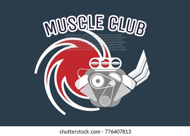 Engine of muscle retro car logo isolated on blue background. Vector illustration design. EPS10  