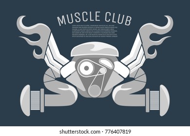 Engine of muscle retro car logo isolated on blue background. Vector illustration design. EPS10  