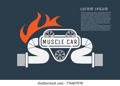 Engine of muscle retro car logo isolated on blue background. Vector illustration design. EPS10  