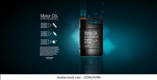 Engine oil advertisement background. Bottle engine oil Black bottle engine oil background, vector illustration.