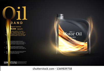 Engine oil advertisement background. Motor oil on the light golden bokeh background with containers,Realistic 3D vector image. canister ads template with brand logo. Vector