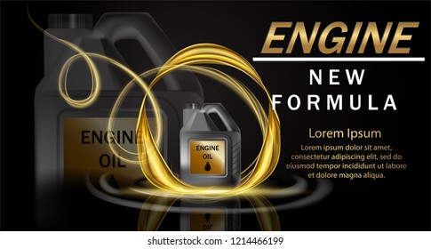 Engine oil advertisement background. Vector illustration with realistic canister and motor oil on bright background. 3d ads template.