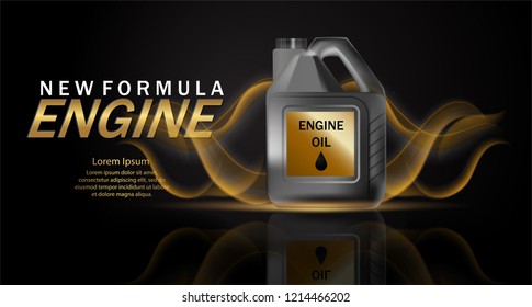 Engine oil advertisement background. Vector illustration with realistic canister and motor oil on bright background. 3d ads template.