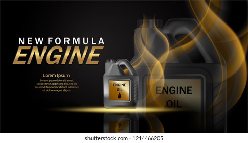 Engine oil advertisement background. Vector illustration with realistic canister and motor oil on bright background. 3d ads template.