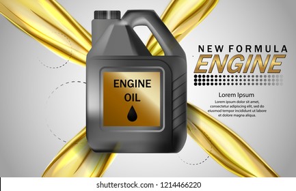 Engine oil advertisement background. Vector illustration with realistic canister and motor oil on bright background. 3d ads template.