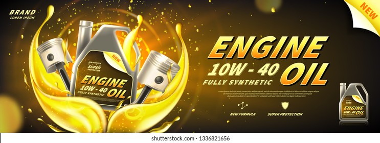 Engine oil advertisement background. Vector illustration with realistic pistons and canister on bright background with motor oil splashes. 3d ads template.