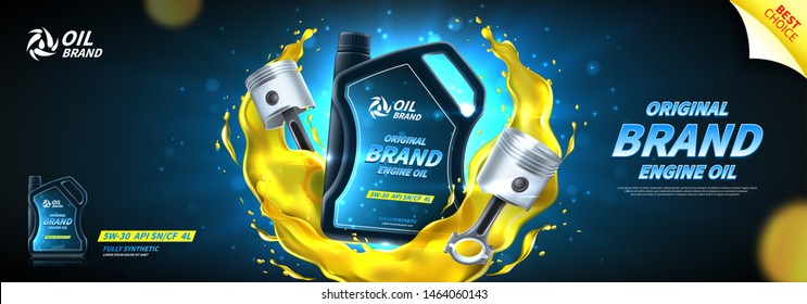 Engine oil advertisement background. Vector illustration with realistic pistons and canister on bright background with motor oil splashes. 3d ads template.