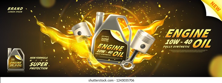 Engine oil advertisement banner. Vector illustration with realistic pistons and motor oil canister on bright background. 3d ads template.