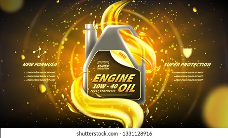 Engine oil advertisement banner. Vector illustration with realistic canister and motor oil splashes on bright background. 3d ads template.