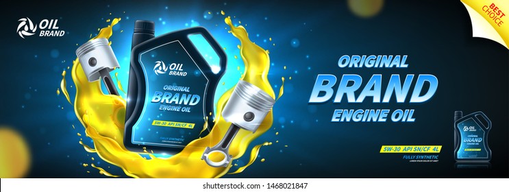 Engine oil advertisement banner. Vector illustration with realistic pistons and canister on bright background with motor oil splashes. 3d ads template.