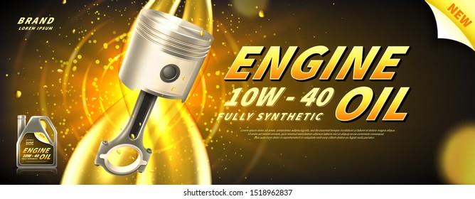 Engine oil advertisement banner. Vector illustration with realistic piston and motor oil on bright background. 3d ads template.