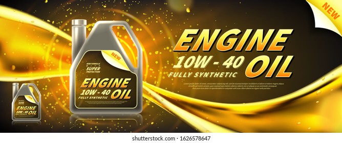 Engine oil advertisement banner. Vector illustration with realistic canister and motor oil current on bright background. 3d ads template.