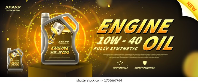 Engine oil advertisement banner. Vector illustration with realistic oil canister on pedestal on bright background. 3d ads template.