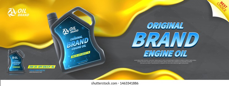 Engine oil advertisement horizontal banner. Vector illustration with realistic canister on concrete background with motor oil. 3d ads template.