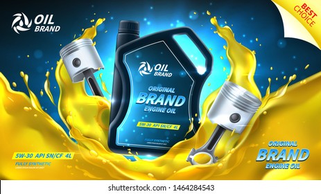 Engine oil advertisement horizontal banner. Vector illustration with realistic pistons and canister on bright background with motor oil splashes. 3d ads template.