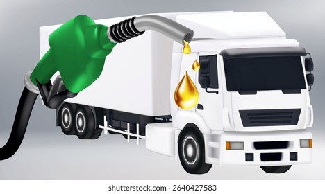 Engine oil advertising banner. 3d vector illustration with engine Petroleum oil is a fuel that powers the transportation, concept shipment cargo containers product