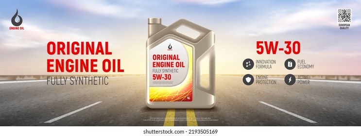 Engine oil advertising banner. Realistic vector illustration with canister of engine oil on highway and sunset on background. 3d ad banner. Advertisement of full synthetic and protection engine oil. - Shutterstock ID 2193505169