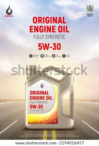 Engine oil advertising banner. Realistic vector illustration with canister of engine oil on highway and sunset on background. 3d ad banner. Advertisement of full synthetic and protection engine oil. Foto stock © 