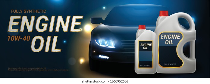 Engine oil advertising realistic banner plastic canister for motor oil on dark road background with car vector illustration