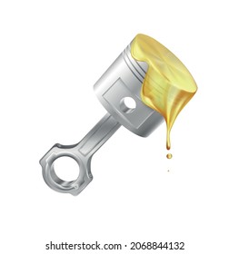 Engine oil advertising realistic composition with isolated image of piston with oil splash vector illustation