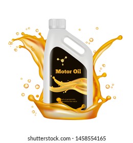 Engine oil bottle. Vector gold oil splashes isolated on white background. Illustration of oil bottle for engine car, industry lubricant for motor