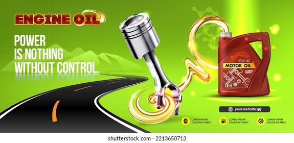 Engine oil, car piston, technical fluid canister on bright background. Motor oil bottle with splash and drops, car engine synthetic,  mineral oil change service. Quality Ads Poster. Road and mountain.