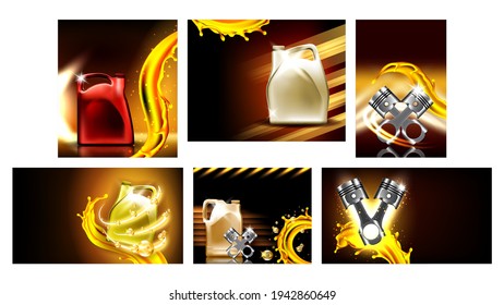 Engine Oil Car Repair Service Posters Set Vector. Collection Of Different Creative Advertise Banners With Car Engine Detail Cylinder, Motor Oil Container And Splash Mockup Realistic 3d Illustrations