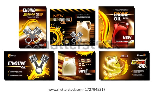 Engine Oil Car Repair Service Posters Set\
Vector. Collection Of Different Creative Advertise Banners With Car\
Engine Detail Cylinder, Motor Oil Container And Splash Mockup\
Realistic 3d\
Illustrations