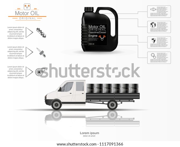 Is the engine oil. Infographics of engine oil.\
Three-dimensional model of the truck on a white background. Volume\
capacity for oil. Vector\
image.