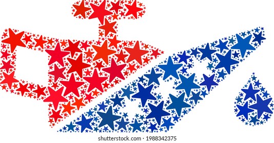 Mosaico de aceite del motor de estrellas en tamaños variables y tonos de color. La ilustración del petróleo del motor utiliza los colores oficiales norteamericanos azul y rojo de los partidos políticos demócrata y republicano, y formas estelares.
