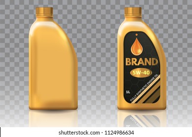 Engine oil plastic bottle package mockup set. Vector realistic illustration of blank plastic canister for motor oil and container with label isolated on transparent background.