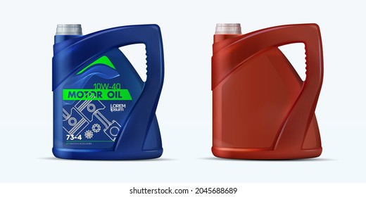 Engine oil plastic bottle package mockup set. Vector realistic illustration of blank plastic canister for motor oil and container with label. Engine oil canister.