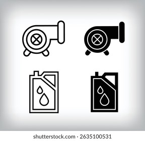 Engine oil and turbo, car equipment icon design. Linear and flat simple set of car equipment icons.
