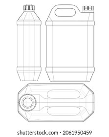 Engine oil in typical container. Vector rendering of 3d. Wire-frame style. The layers of visible and invisible lines are separated. Orthography or isometric